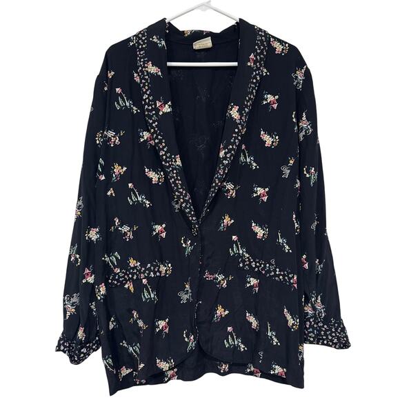 David Wayne Women's Vintage Black Floral Blazer Blouse Single Button Medium - Picture 1 of 6